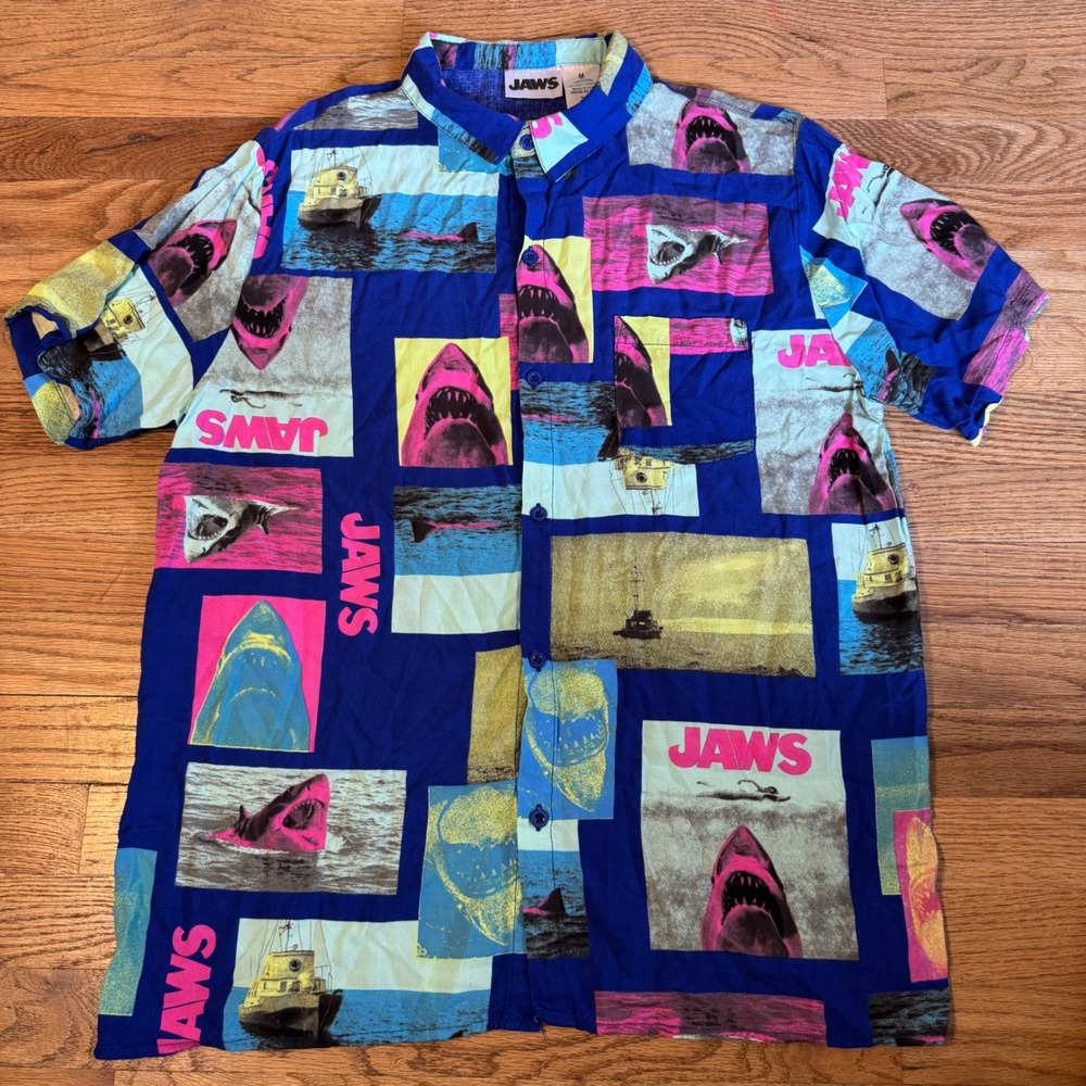 Jaws Mens Movie Graphic Button Down Shirt Royal Blue Rayon All Over Print M